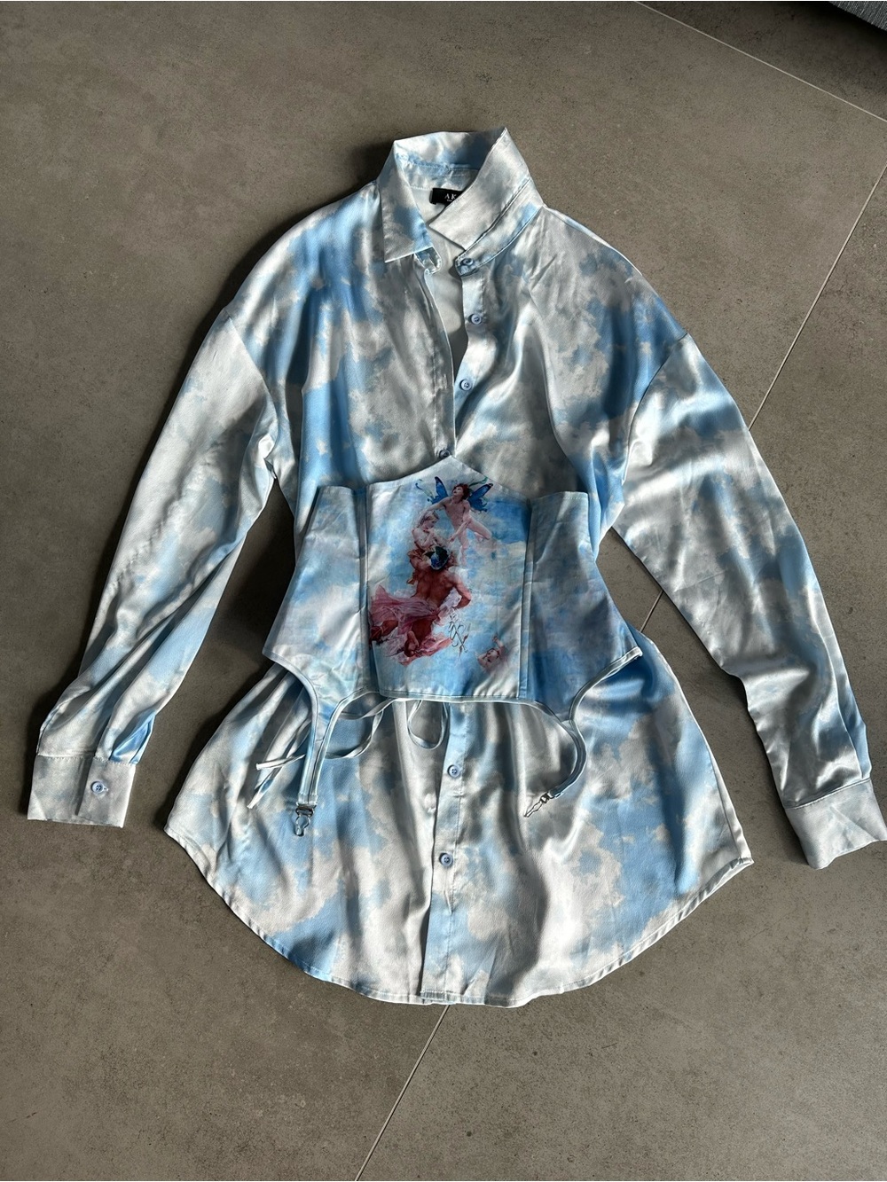 AKIRA Sky-Print Satin Corset Dress in Light Blue - Picture 17 of 17